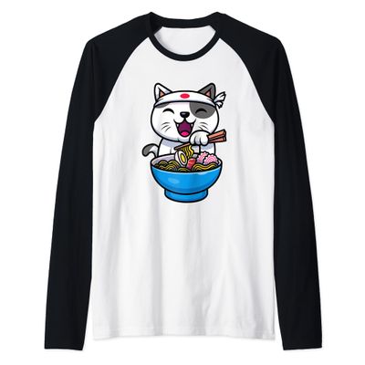 Kawaii Anime Cat Eating Ramen Noodles Japanese Raglan Baseball Tee