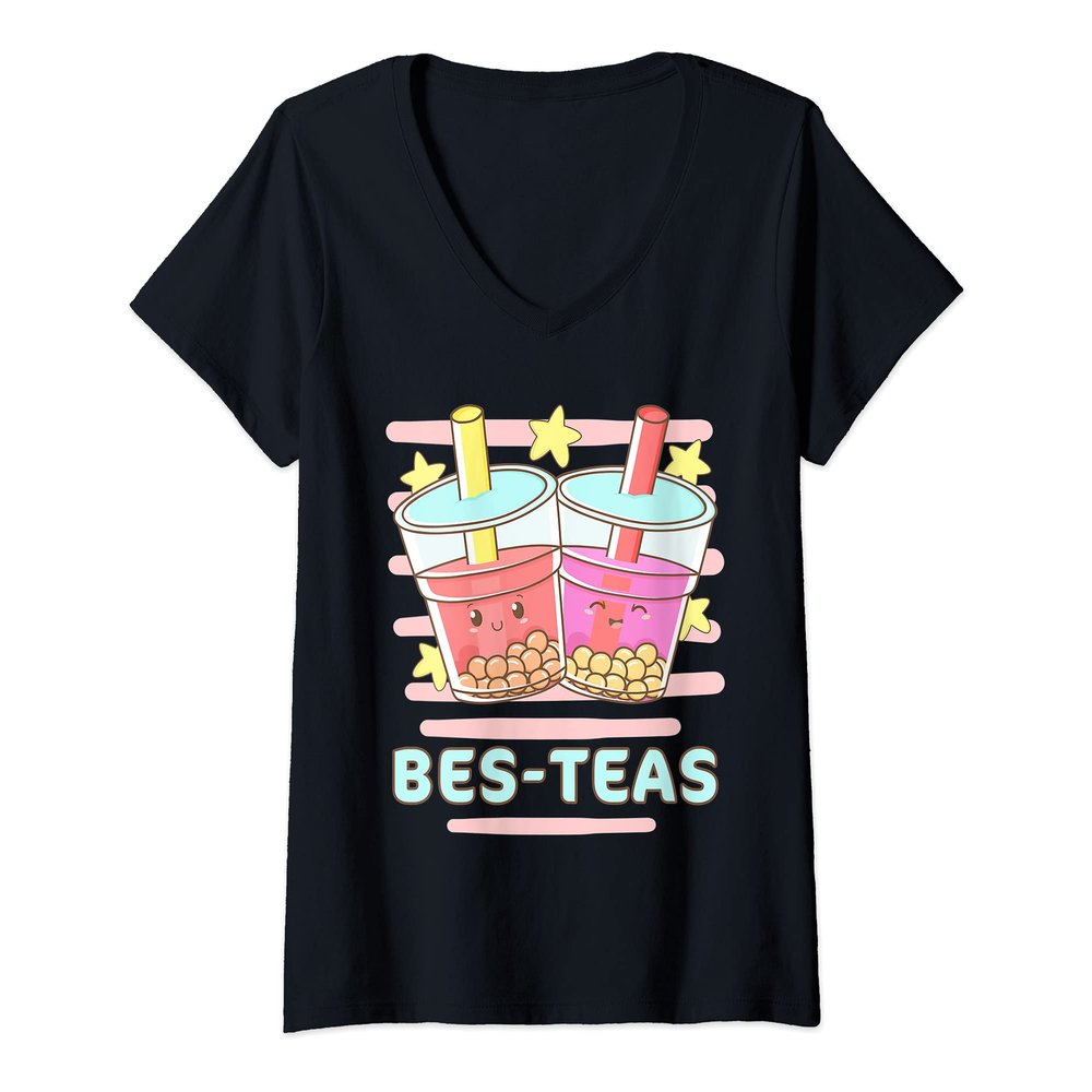Womens Kawaii Boba Bes-Teas, Besties Best Friends Bubble Tea V-Neck T-Shirt