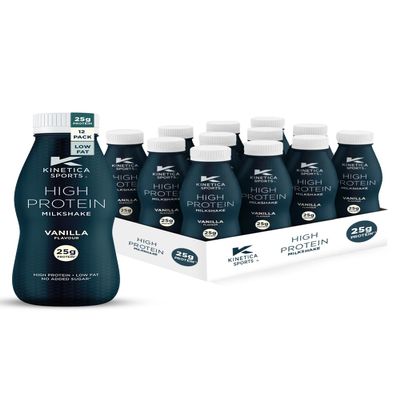Kinetica Sports Ready-to-Drink High Protein Milkshake - Vanilla Flavour | 25g Protein/Bottle, 12 X 330ml Pack | High Protein, Low Fat & No Added Sugar | Post Workout Pre-mixed Drink for Men & Women