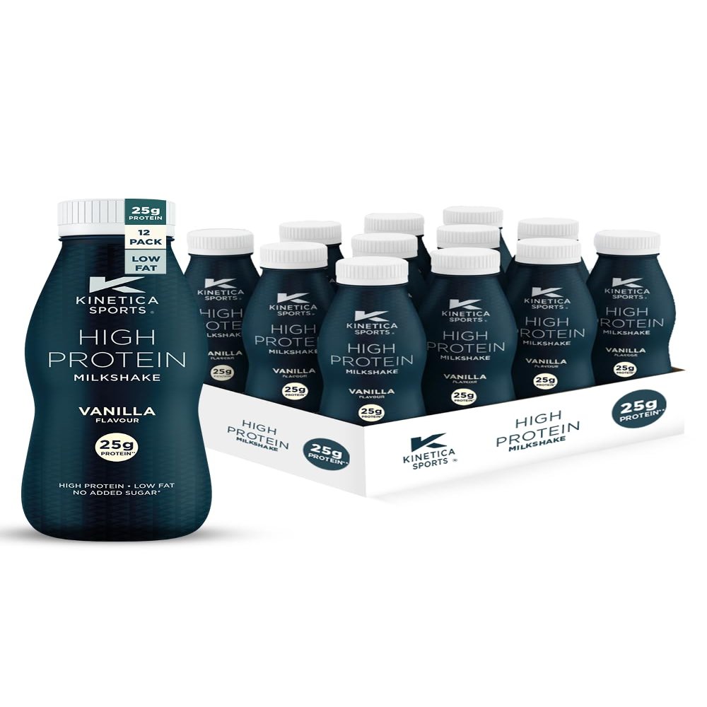 Kinetica Sports Ready-to-Drink High Protein Milkshake - Vanilla Flavour | 25g Protein/Bottle, 12 X 330ml Pack | High Protein, Low Fat & No Added Sugar | Post Workout Pre-mixed Drink for Men & Women