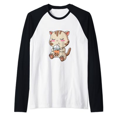 Boba Tea Bubble Tea Kawaii Japanese Lover Cat Kitten Drinkin Raglan Baseball Tee