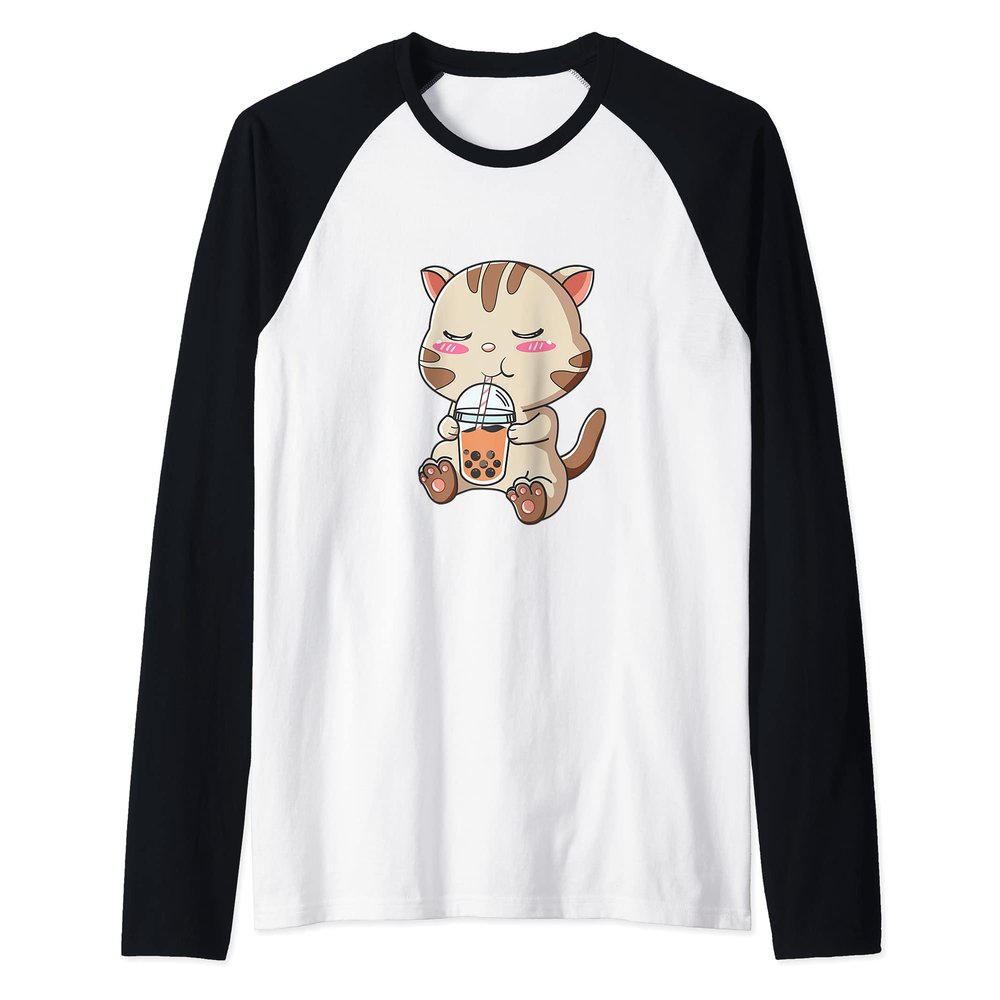 Boba Tea Bubble Tea Kawaii Japanese Lover Cat Kitten Drinkin Raglan Baseball Tee