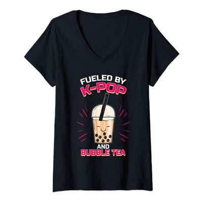 Womens Bubble Tea Boba K-POP Music Lover Korean Milk Anime V-Neck T-Shirt