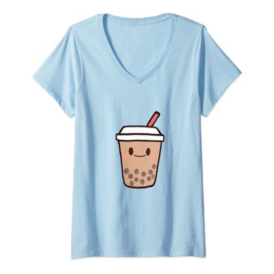Womens Cute Kawaii Boba Milk Tea Bubble Tapioca Pearls Tea Lover V-Neck T-Shirt