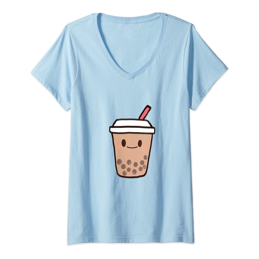 Womens Cute Kawaii Boba Milk Tea Bubble Tapioca Pearls Tea Lover V-Neck T-Shirt
