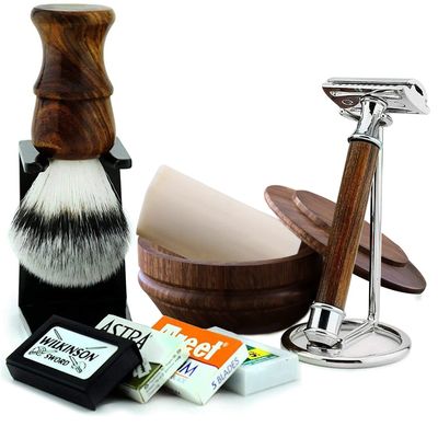 7 Pcs Wooden Made Men's Shaving Gift Kit Classic Wet Shave Safety Razor, Synthetic Brush for Rich Shaving Foam | Wooden Light Handle Wooden Shaving Bowl for soap