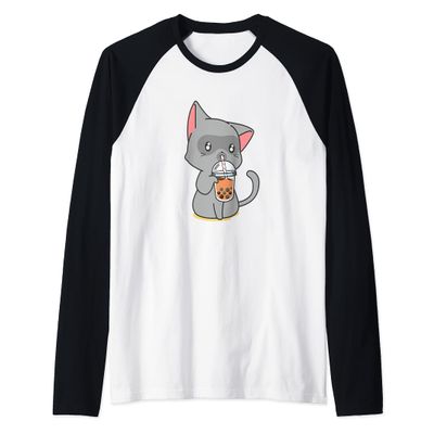 Bubble Tea Kawaii Boba Tea Japanese Lover Cat Kitten Anime Raglan Baseball Tee