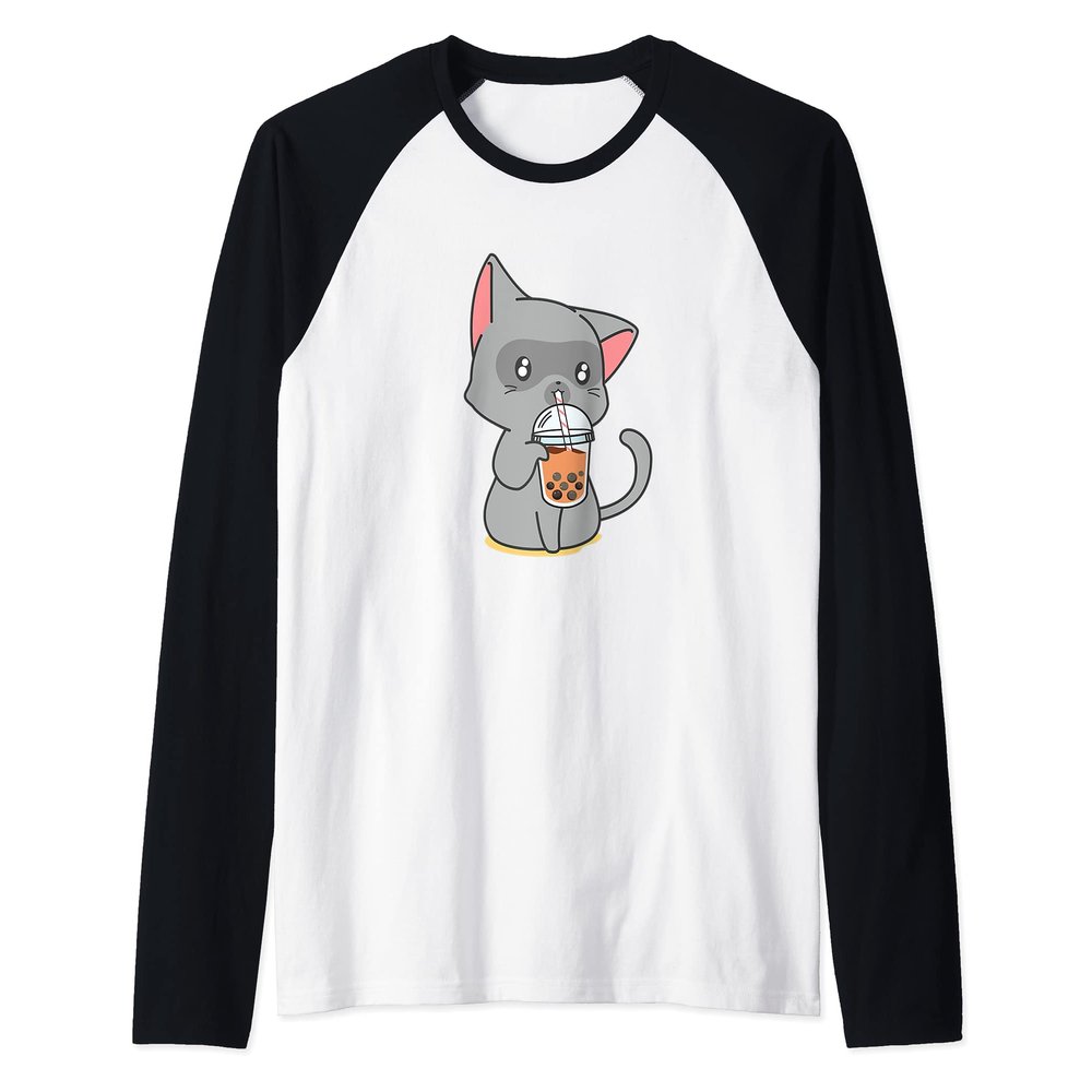 Bubble Tea Kawaii Boba Tea Japanese Lover Cat Kitten Anime Raglan Baseball Tee