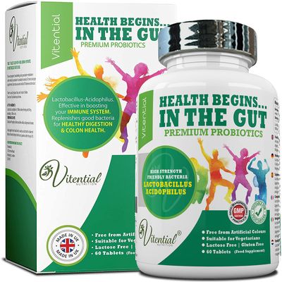Vitential Nutrition Probiotics for Adults - 60 Vegan Tablets - High Strength Acidophilus Lactobacillus Probiotic Supplements  Promotes a Healthy Digestive & Colon Cleanse - Treatment for Men & Women