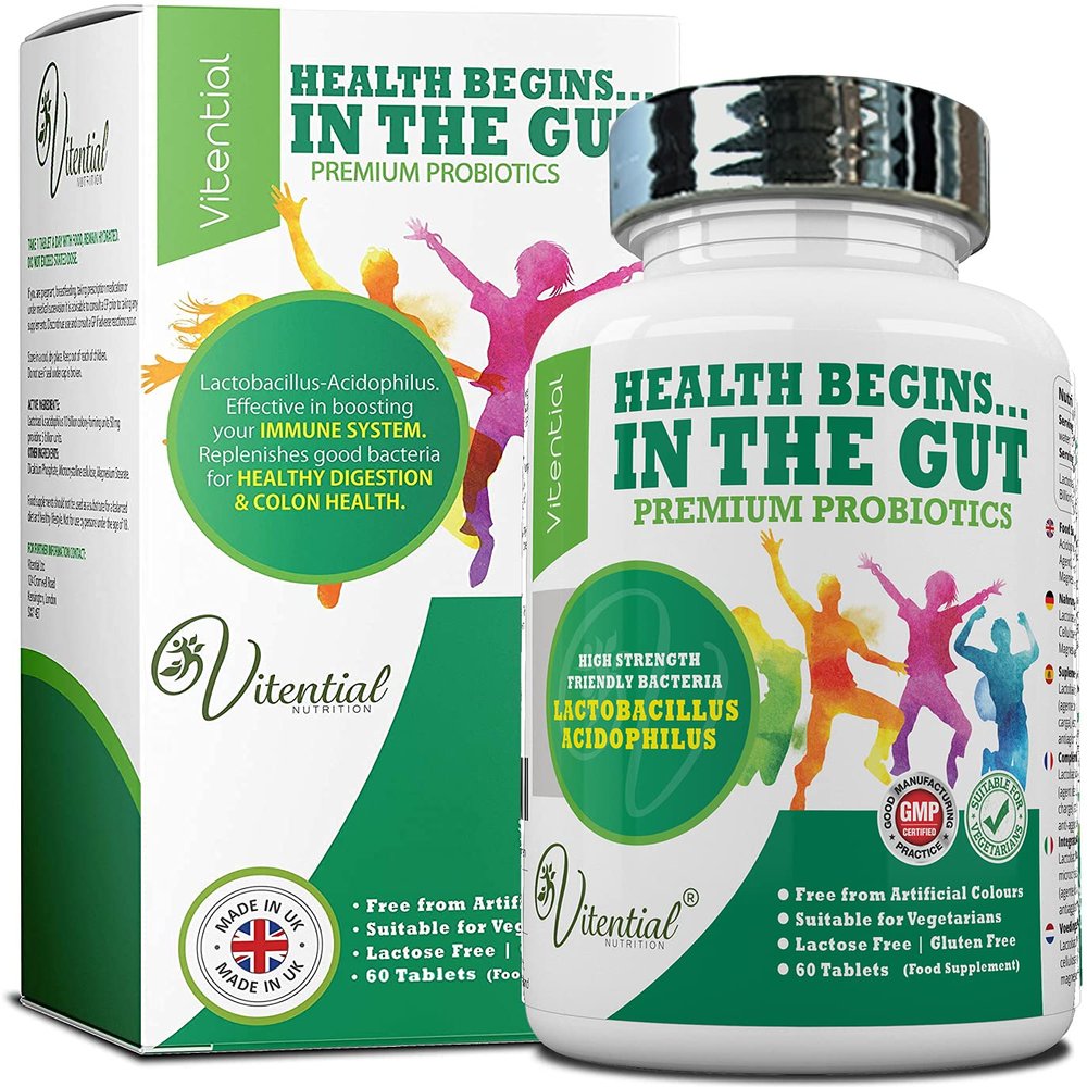 Vitential Nutrition Probiotics for Adults - 60 Vegan Tablets - High Strength Acidophilus Lactobacillus Probiotic Supplements  Promotes a Healthy Digestive & Colon Cleanse - Treatment for Men & Women