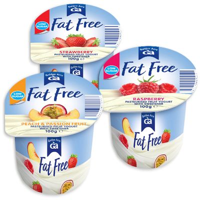 GOLDEN ACRE Low Sugar Fat Free Fruit Yogurts 100g (Pack of 20 Yogurts in 3 Mixed Flavours)