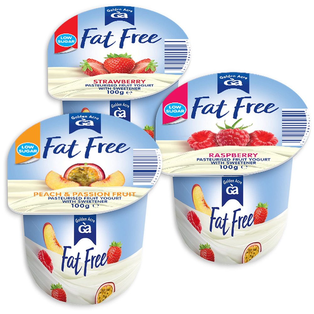 GOLDEN ACRE Low Sugar Fat Free Fruit Yogurts 100g (Pack of 20 Yogurts in 3 Mixed Flavours)