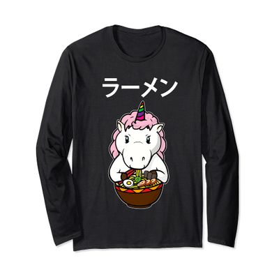 Japanese Kawaii Anime Baby Unicorn Eating Ramen Noodle Bowl Long Sleeve T-Shirt