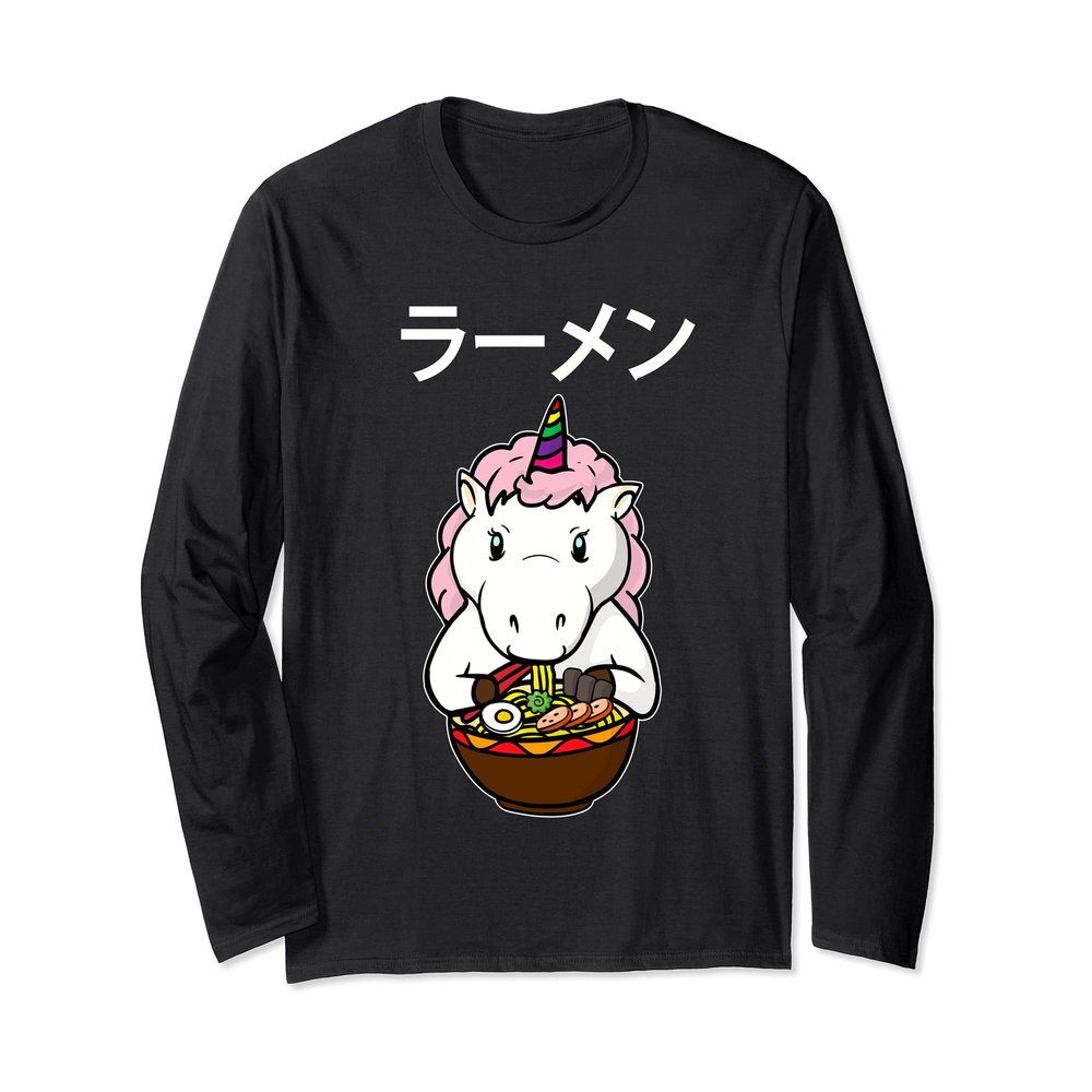 Japanese Kawaii Anime Baby Unicorn Eating Ramen Noodle Bowl Long Sleeve T-Shirt