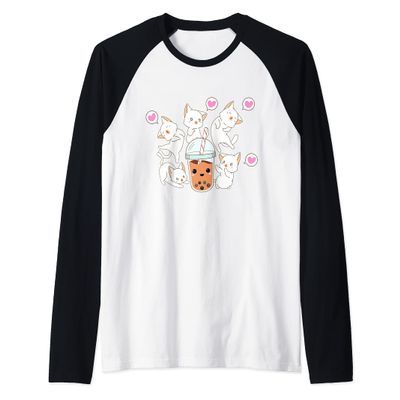 Boba Tea Bubble Tea Kawaii Japanese Lover Cat Kitten Raglan Baseball Tee