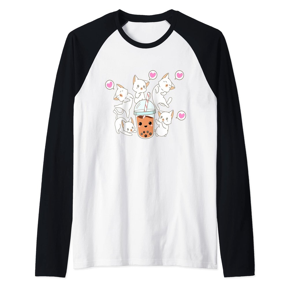 Boba Tea Bubble Tea Kawaii Japanese Lover Cat Kitten Raglan Baseball Tee