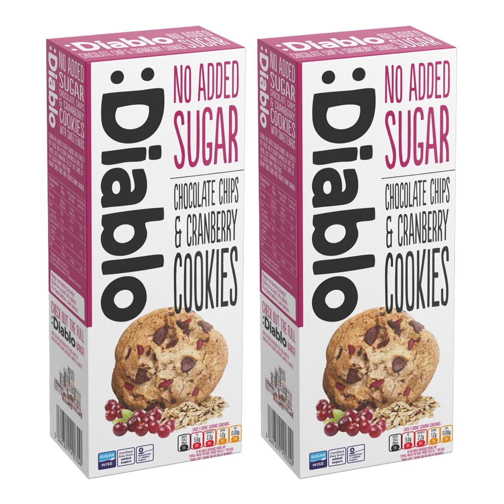 Diablo No Added Sugar Cookies, Chocolate Chips & Cranberry  Low Sugar Snacks, Cookies Biscuits for All, Sweetened with Maltitol, Ideal for Gifting, Festive Hampers & Holiday Events  135g Pack of 2