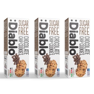 Diablo Sugar Free Chocolate Chip Cookies  Low Sugar Snacks Made with Maltitol, Crunchy Chocolate Flavor Treats for Everyday Snacking, Guilt Free Biscuit Alternative, 130g Pack of 3