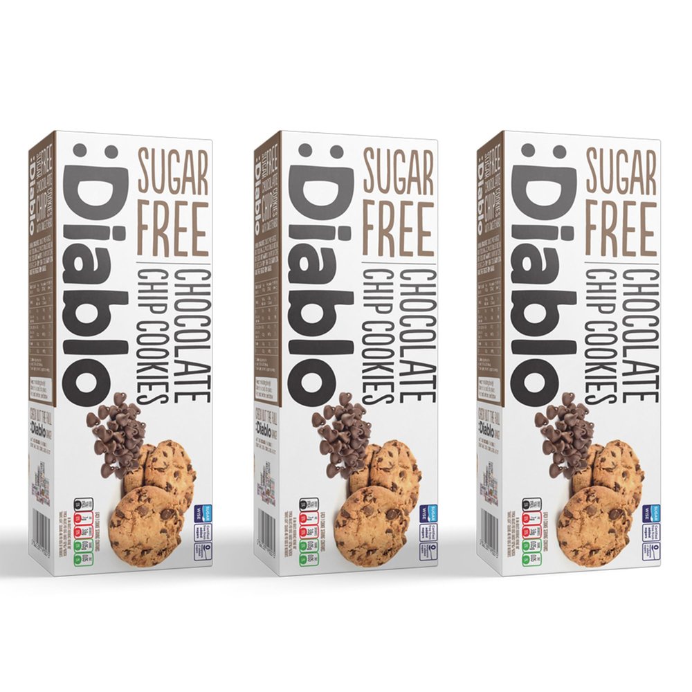 Diablo Sugar Free Chocolate Chip Cookies  Low Sugar Snacks Made with Maltitol, Crunchy Chocolate Flavor Treats for Everyday Snacking, Guilt Free Biscuit Alternative, 130g Pack of 3