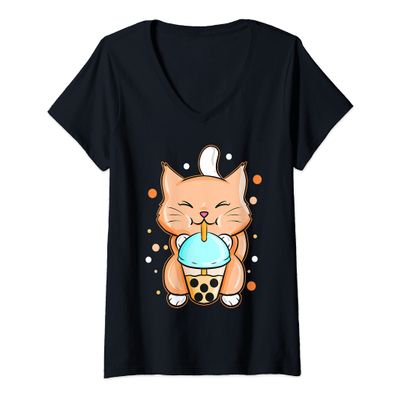 Womens Cat Boba Bubble Tea Anime Kawaii Neko V-Neck T-Shirt