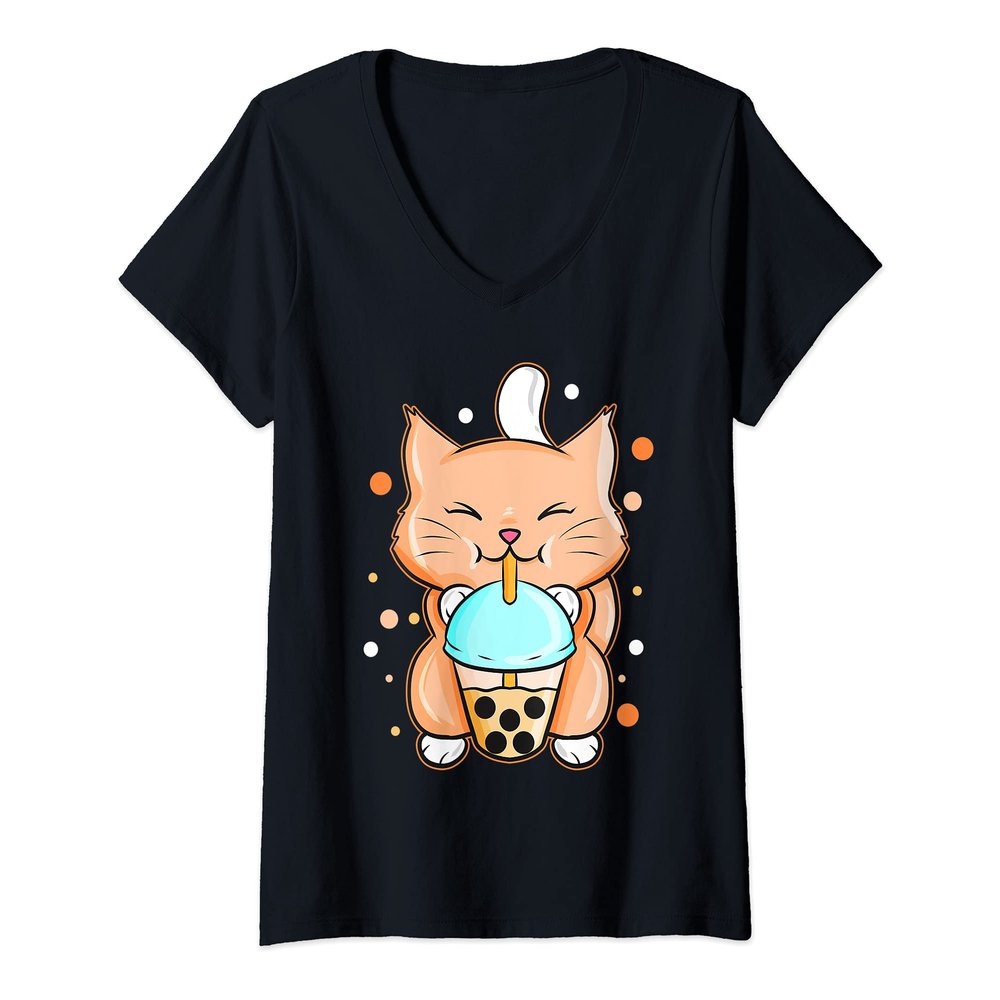 Womens Cat Boba Bubble Tea Anime Kawaii Neko V-Neck T-Shirt