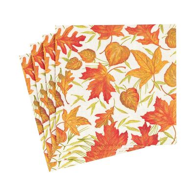 Caspari Woodland Leaves Paper Cocktail Napkins in Ivory - 20 Napkins Per Package, Fall Napkins Made of Triple Ply Paper, Autumn Themed Disposable Napkins, Great Dinner and Cocktail Napkins