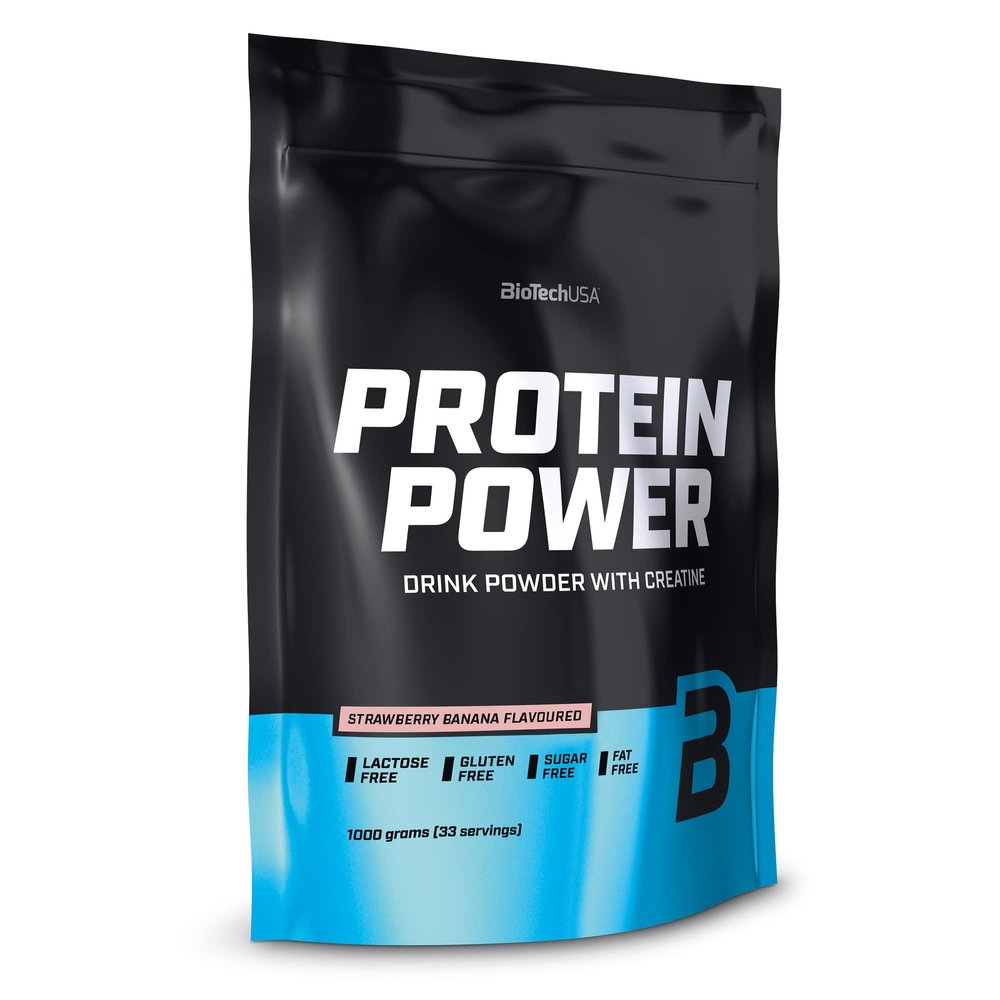 BioTechUSA Protein Power | High Protein, Sugar-Free, Lactose-Free, Gluten-Free | Added Creatine, 1 kg, Strawberry-Banana