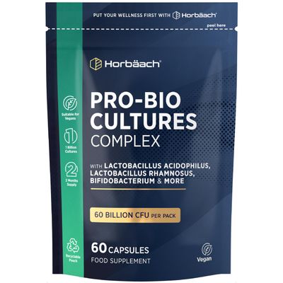 Pro-Bio Cultures Complex 60 Billion CFU Per Pack | Advanced Multi-Strain Pro-Bio with Lactobacillus Acidophilus, Bifidobacterium | 60 Vegan Capsules | Supplement for Men & Women | by Horbaach