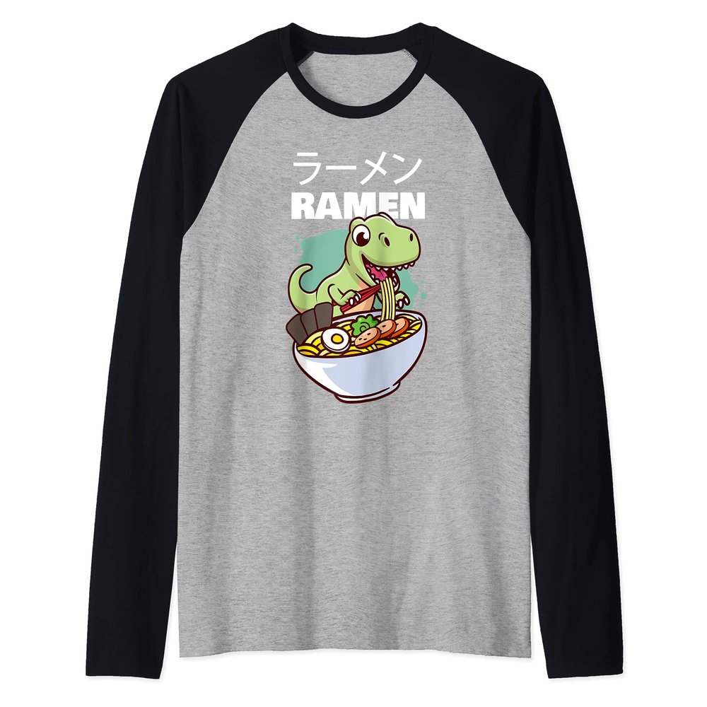 Kawaii Dino T-Rex eating Japanese Soup Ramen Noodle Raglan Baseball Tee