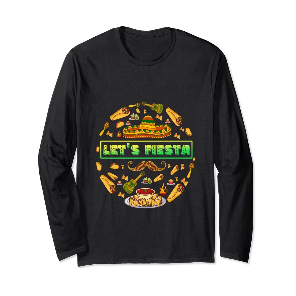 Let's Fiesta Acoustic Guitar Burrito Meat Veggies Taco Salsa Long Sleeve T-Shirt