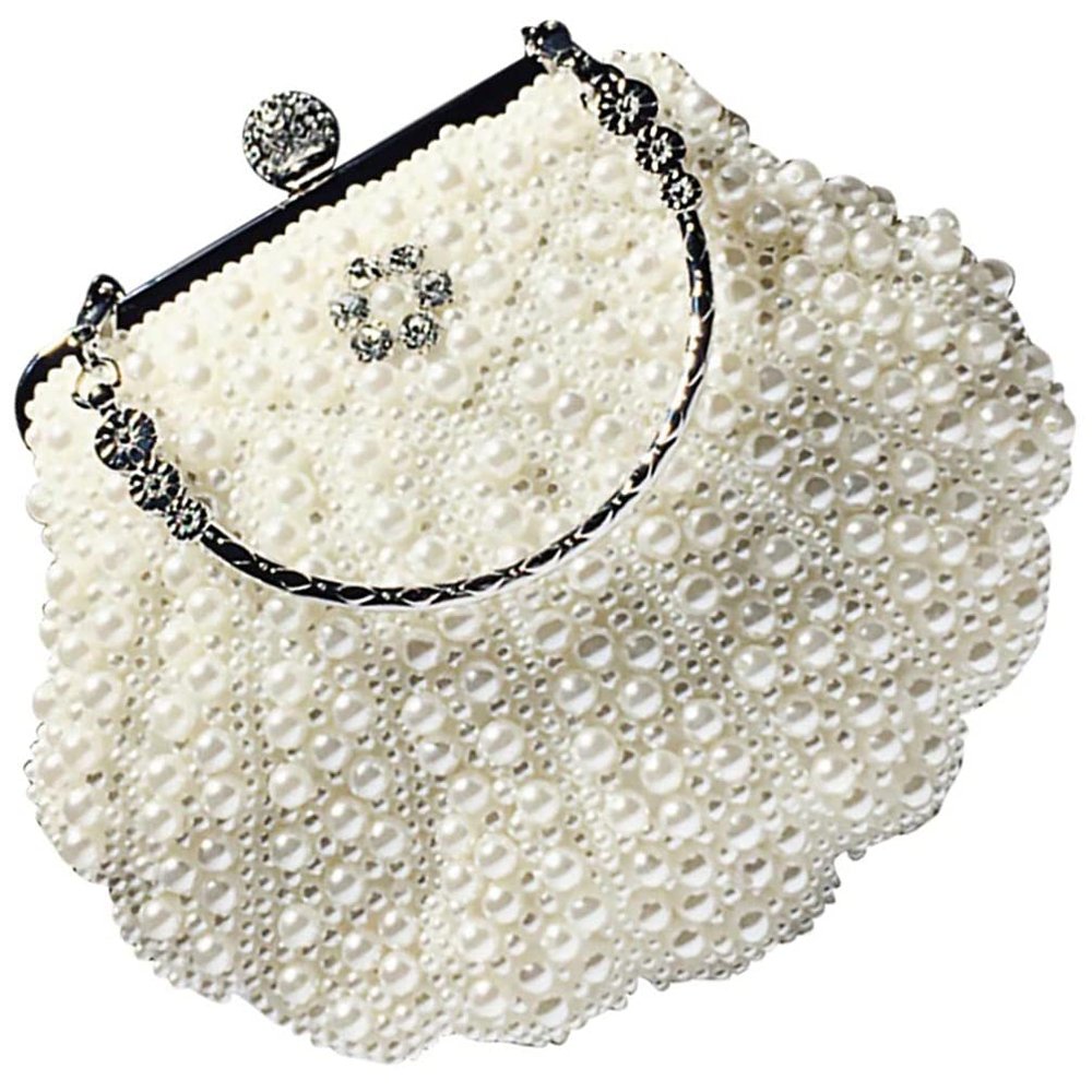 Amosfun Girl Women Pearl Shell Shaped Clutch Bag Crystal Beaded Evening Bag Wedding Purse with Pearl Chain Fit Wedding Party Crossbody Handbag