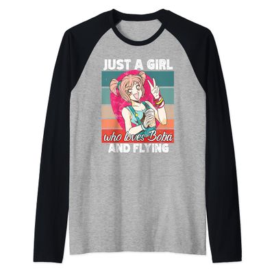 Just a girl who loves boba and Flying kawaii Raglan Baseball Tee