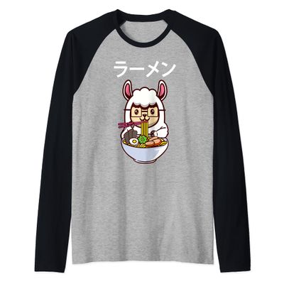 Kawaii Llamen Llama Eating a Ramen Noodle Bowl Raglan Baseball Tee