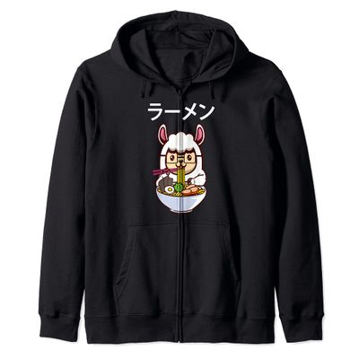 Kawaii Llamen Llama Eating a Ramen Noodle Bowl Zip Hoodie
