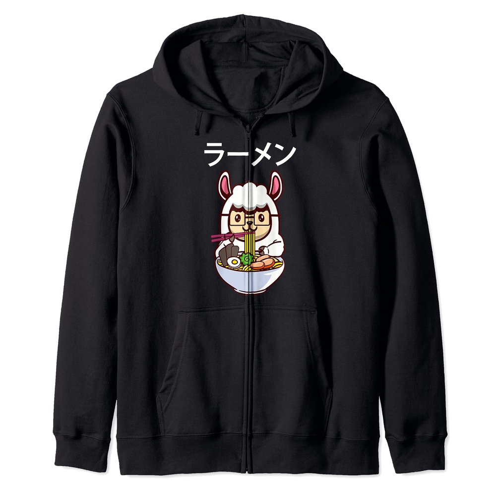 Kawaii Llamen Llama Eating a Ramen Noodle Bowl Zip Hoodie