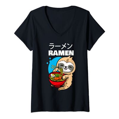 Womens Kawaii Anime Sloth Eating Japanese Ramen Noodle Soup V-Neck T-Shirt