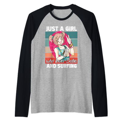 Just a girl who loves boba and Surfing kawaii Raglan Baseball Tee