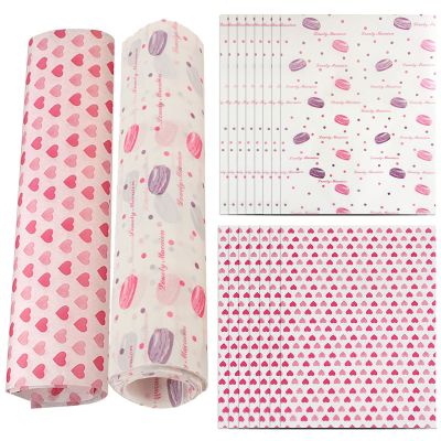100 PCS Food Grade Wrap Paper, Heart and Macaron Patterned Waterproof Greaseproof Parchment Wax Paper Sheets Basket Food Wrapping Liners for Sandwiches Cake Baking Decoration
