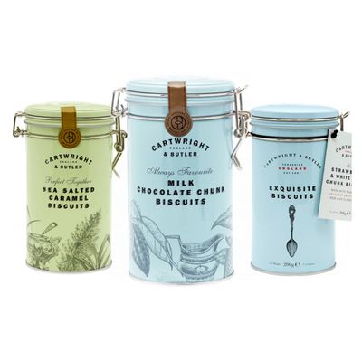Cartwright & Butler | Biscuit Tin Trio | Presented in our Reusable Signature Clip-Lid Tins | Includes Milk Chocolate Chunk, Salted Caramel & Strawberry & White Chocolate Biscuits