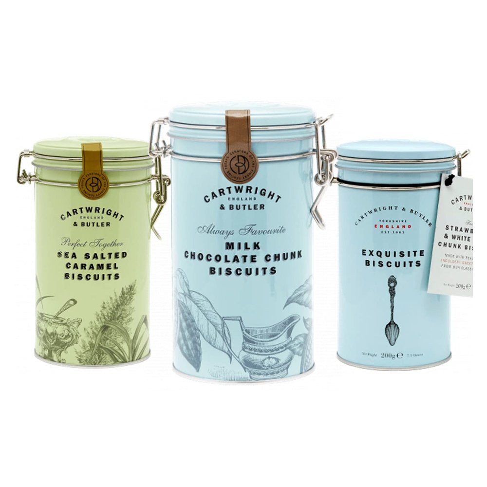 Cartwright & Butler | Biscuit Tin Trio | Presented in our Reusable Signature Clip-Lid Tins | Includes Milk Chocolate Chunk, Salted Caramel & Strawberry & White Chocolate Biscuits