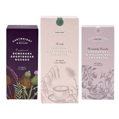 Cartwright & Butler | Biscuit Carton Trio | A Premium Selection of our Biscuits presented in our Classic Cartons | Includes Butter Oat, Cranberry Crumbles & Demerara Shortbread Rounds