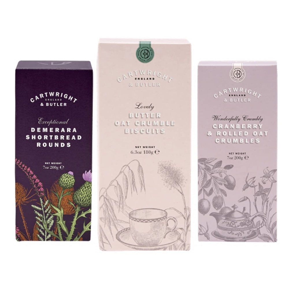 Cartwright & Butler | Biscuit Carton Trio | A Premium Selection of our Biscuits presented in our Classic Cartons | Includes Butter Oat, Cranberry Crumbles & Demerara Shortbread Rounds
