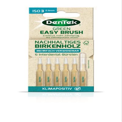 Dentek Green Brush Interdental Brushes - ISO/Size 3 - for Normal Interdental Spaces - Handle Made of FSC Certified Birch Wood - with Hygienic Protective Cap Made of Sugar Cane, 20 g