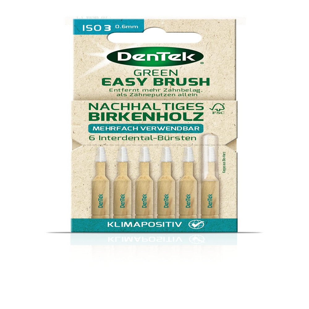 Dentek Green Brush Interdental Brushes - ISO/Size 3 - for Normal Interdental Spaces - Handle Made of FSC Certified Birch Wood - with Hygienic Protective Cap Made of Sugar Cane, 20 g