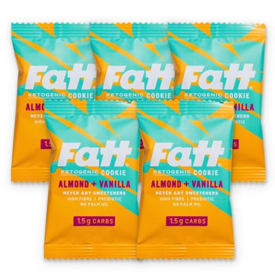 Fatt Keto Cookies - Almond & Vanilla - 5 x 30g - 1.5g Carbs - 100% Natural Snacks - Low Carb, Low Sugar, High Prebiotic Fibre & Sweetener Free - FattBar