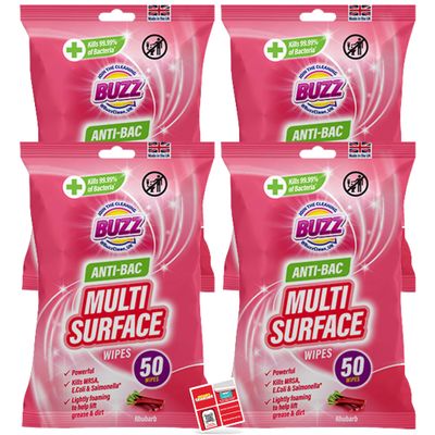 Buzz 200pk Anti-Bac Multisurface Wipes, 18cm x 19cm Rhubarb Scented Cleaning Wipes for Kitchen, Home & Office Surfaces, Multi-Purpose Surface Cleaner, Streak-Free, Quick-Drying, Remove Grease & Dirt