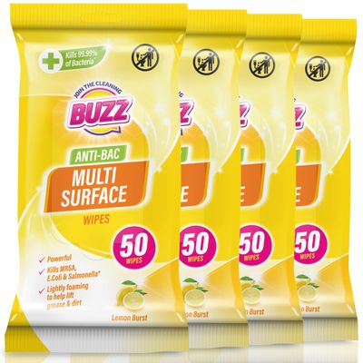 Buzz 200pk Anti-Bac Multisurface Wipes, 18cm x 19cm Lemon Scented Cleaning Wipes for Kitchen, Home & Office Surfaces, Multi-Purpose Surface Cleaner, Streak-Free, Quick-Drying, Remove Grease & Dirt