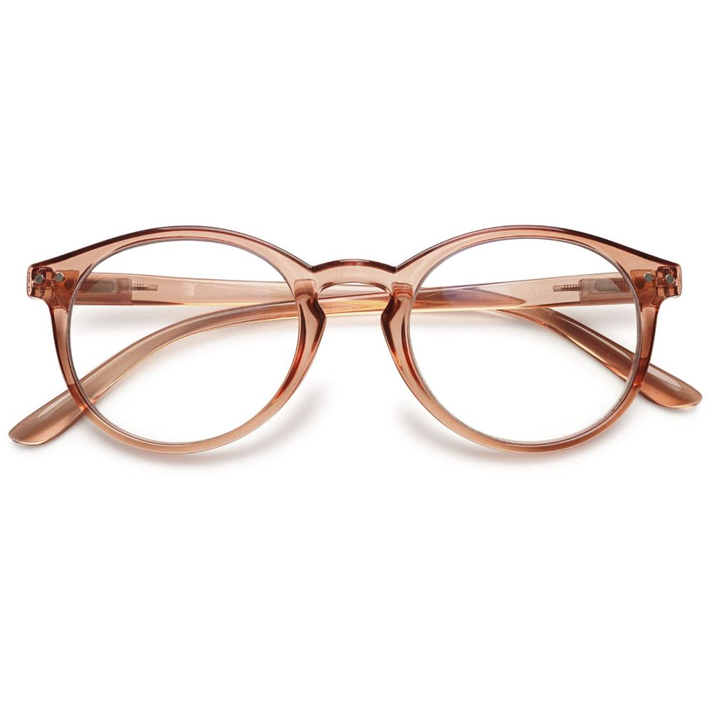 KOOSUFA Round Reading Glasses Blue Light Blocking Women Men Lightweight Reader Eyeglasses Eyewear with Spring Hinge (1x Transparent Dark Brown, +3.00)