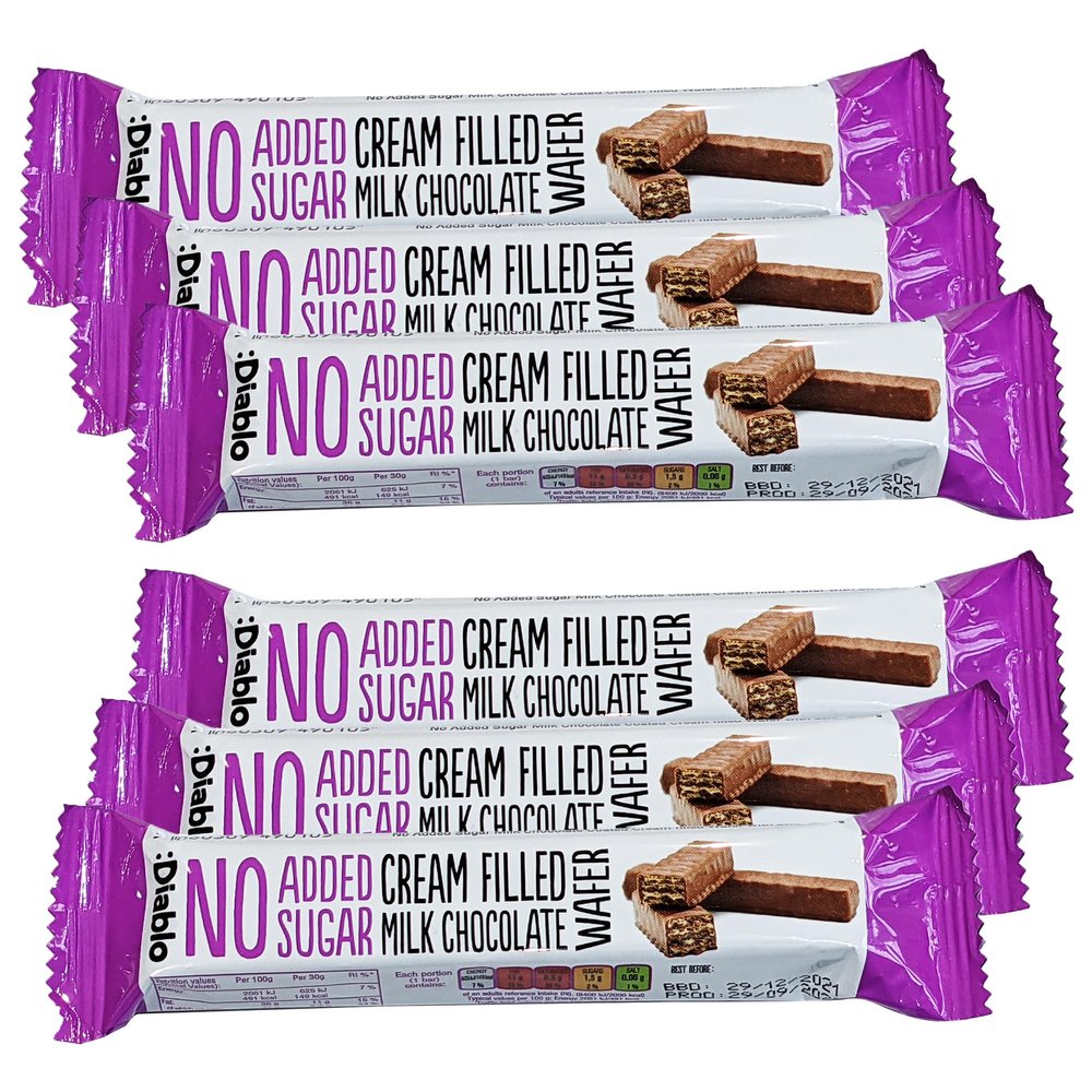 Diablo Cream Filled Milk Chocolate Wafers - No added Sugar, Maltitol Sweetened Treat, Individually Wrapped Biscuits Hamper Basket Ready Snack Pack, Perfect for Gifting - 30g, Pack of 6