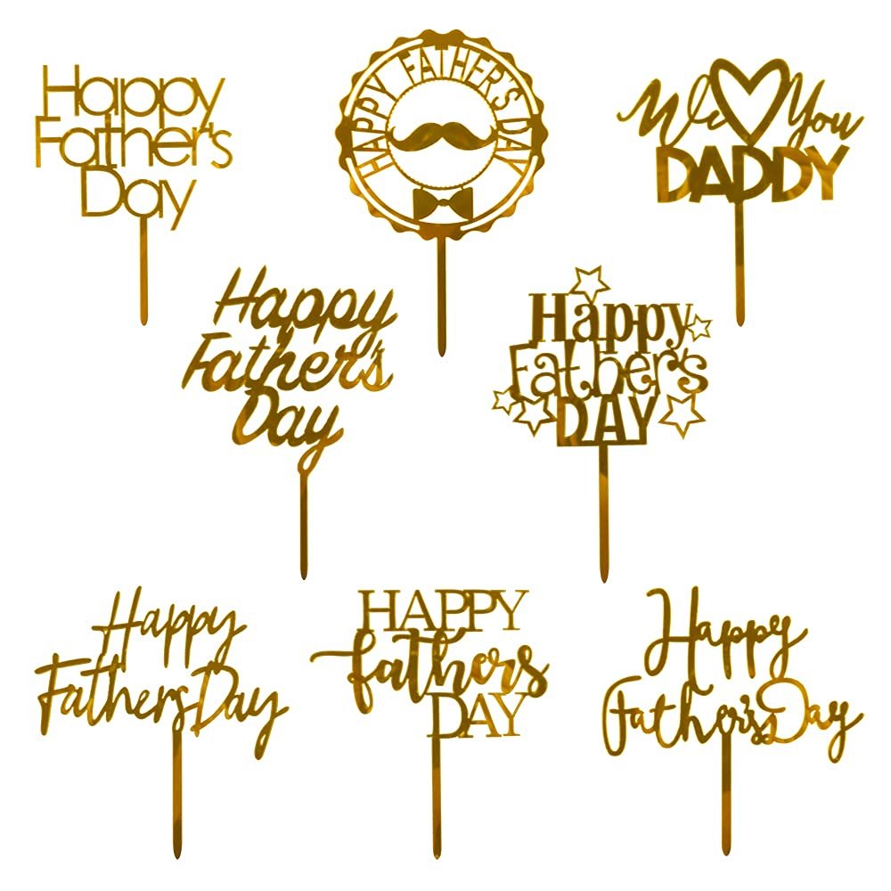 8 Piece Happy Father's Day Cake Topper - Father's Day Golden Glitter Birthday Cake Decoration Dad Party Supplies